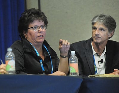 Diane Turnwall, Vice President of Materials Innovation at Herman Miller (left) and David Saltman, chairman and CEO of Malama Composites Inc. (right) discuss sustainability initiatives at their respective companies. (Michael A. Marcotte photos courtesy of Plastics News)