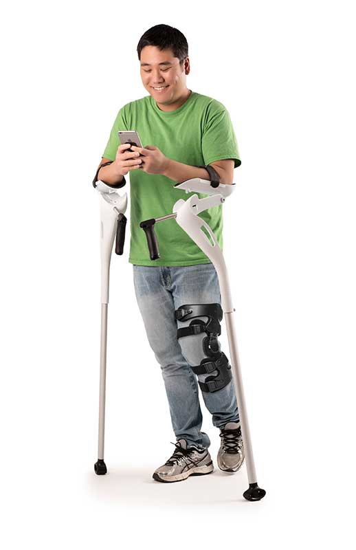 Man using Mobility Designed elbow crutches - learn more about its design and designers in the Prospector Knowledge Center.