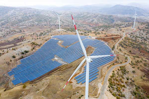 Wind turbines and solar panel farm