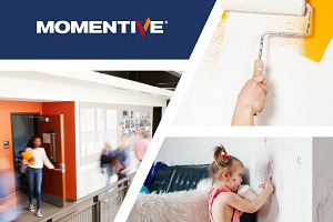 Momentive logo and photo collage of child drawing on wall, person painting, school hallway